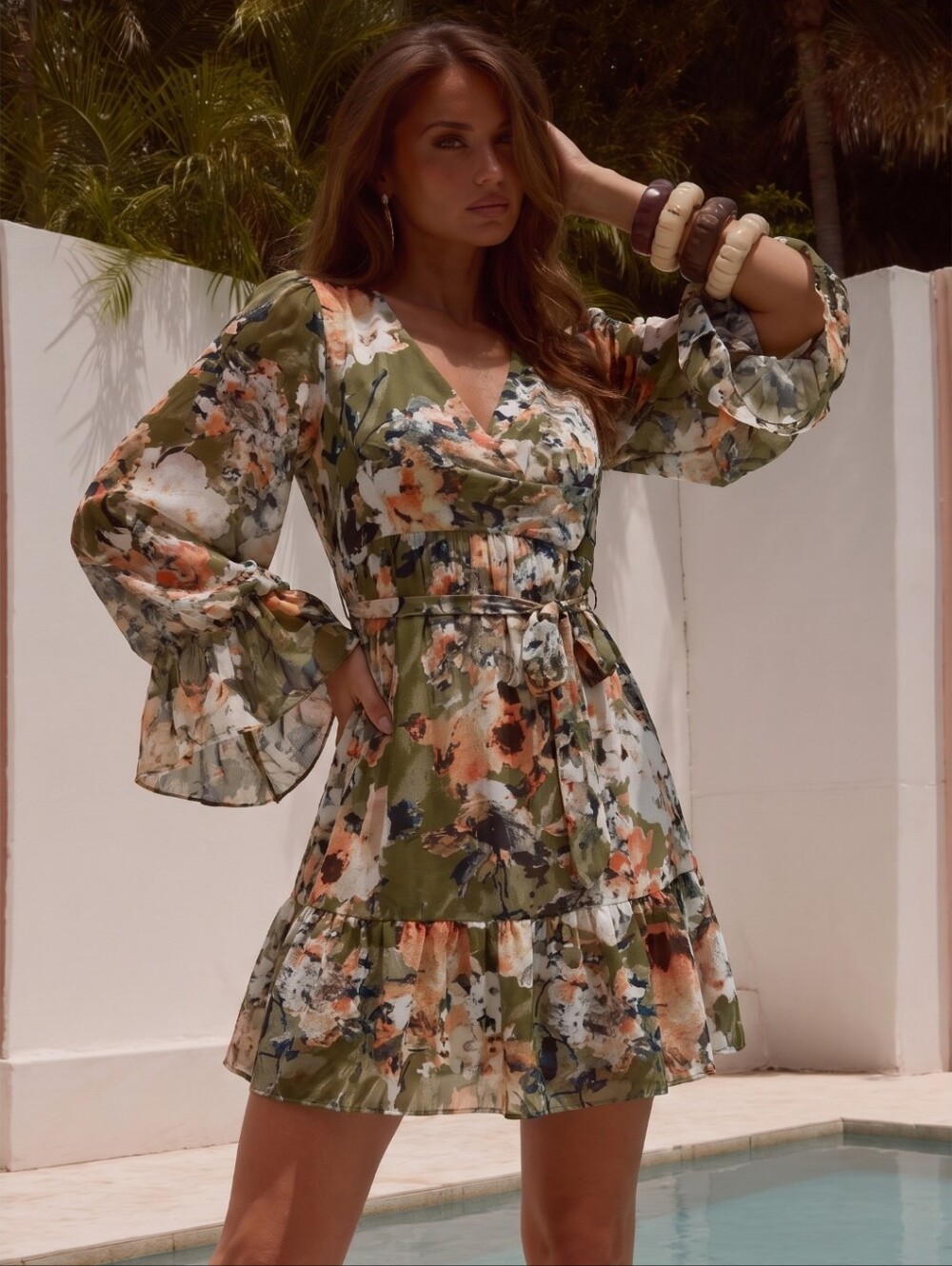 Vintage Betsy Johnson Women's Green Floral  Faux Wrap Ruffled Mini Dress Sz 4